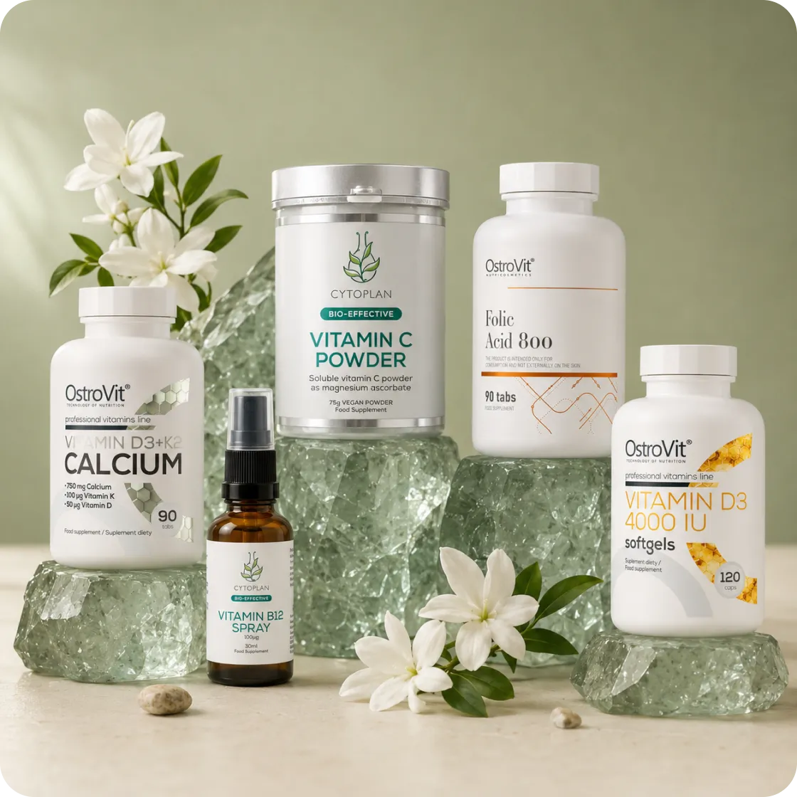 myGP vitamin C powder, calcium and other supplements styled with fresh flowers